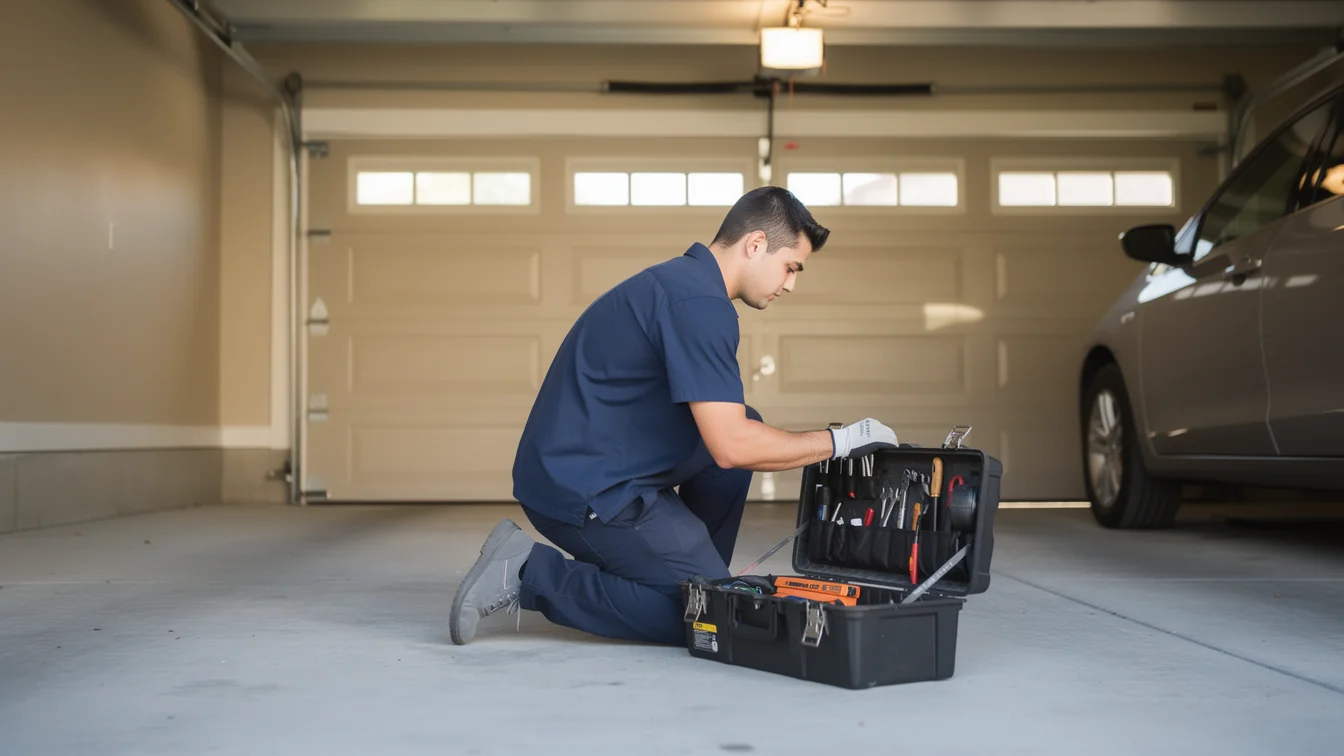 A technician kneels in a garage, looking into an open toolbox.