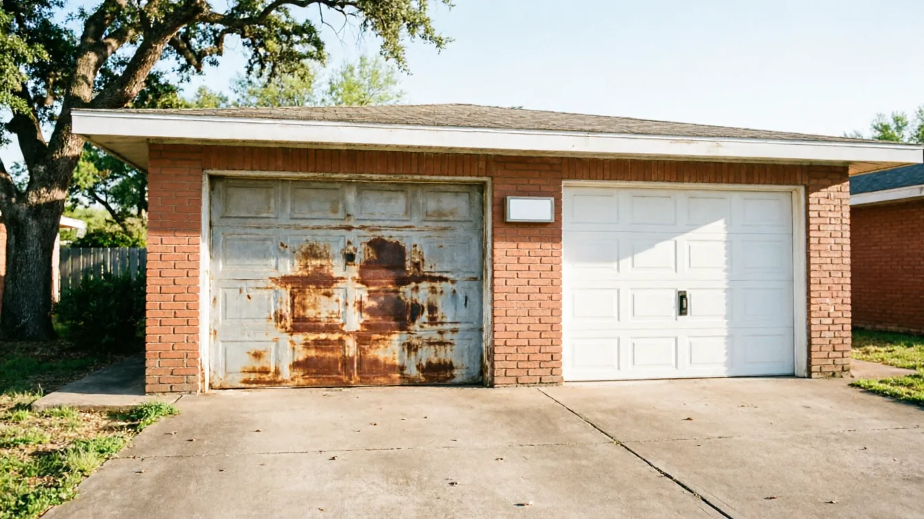 A brick garage has one rusty door and one clean white door.