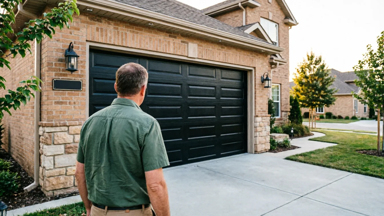 A man stands in a driveway looking at a closed black garage door.