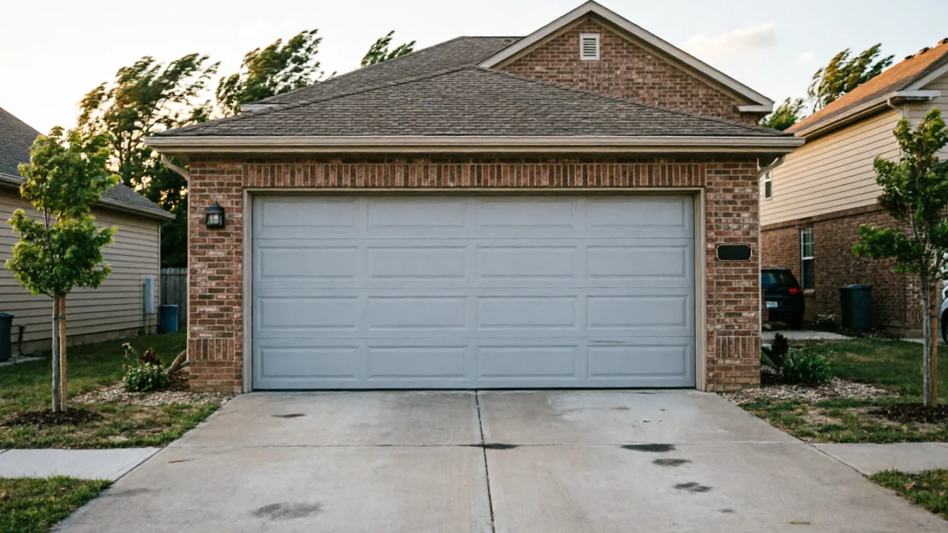A light gray garage door on a brick house with a concrete driveway.