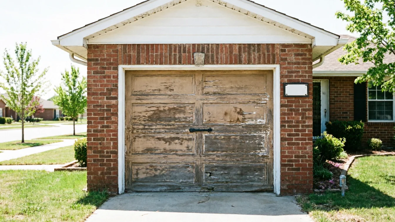 A weathered garage door with peeling paint on a brick house.