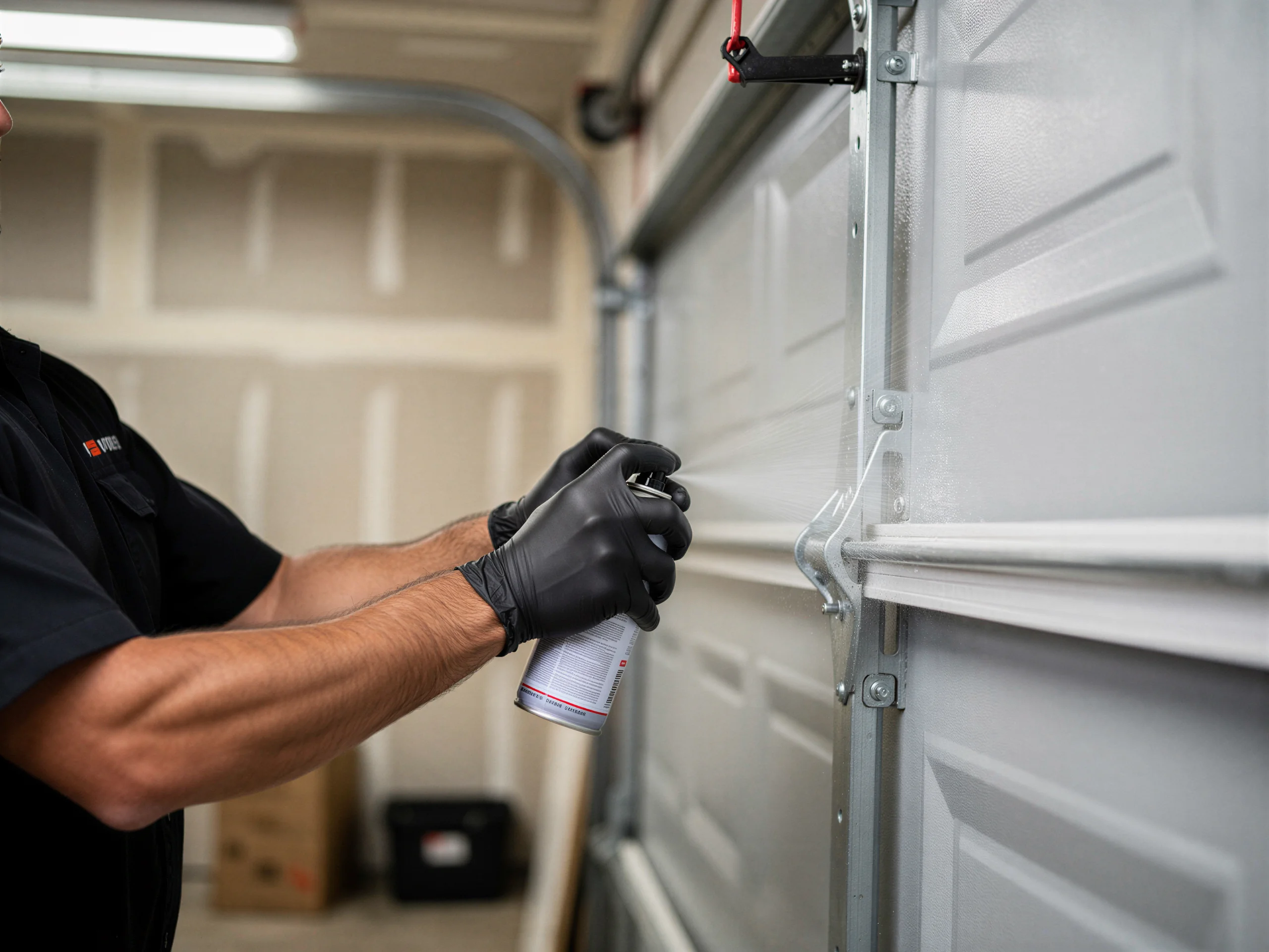 A technician in black gloves sprays lubricant on a white garage door hinge.