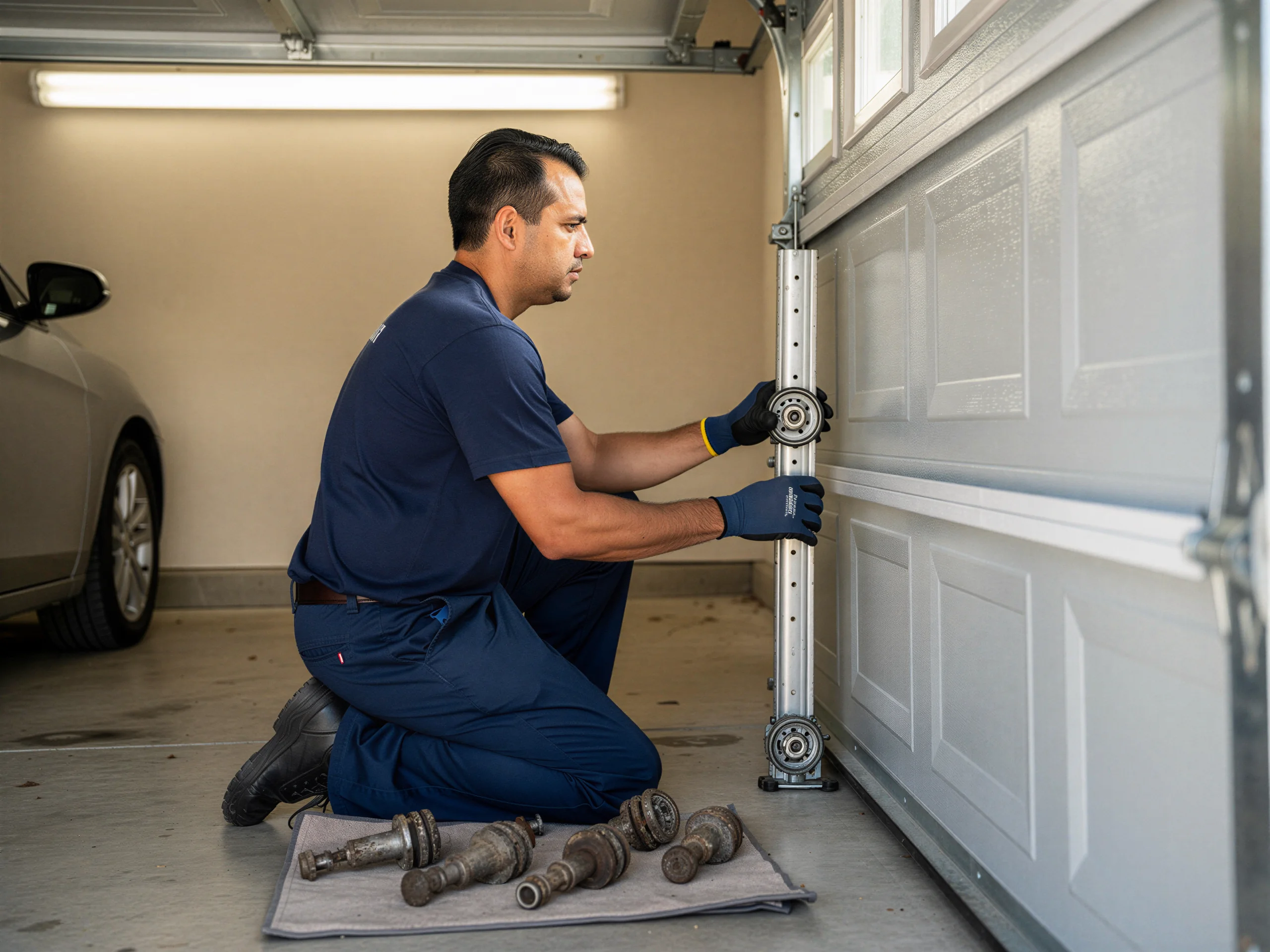 A technician kneels while working on a white garage door track and rollers.
