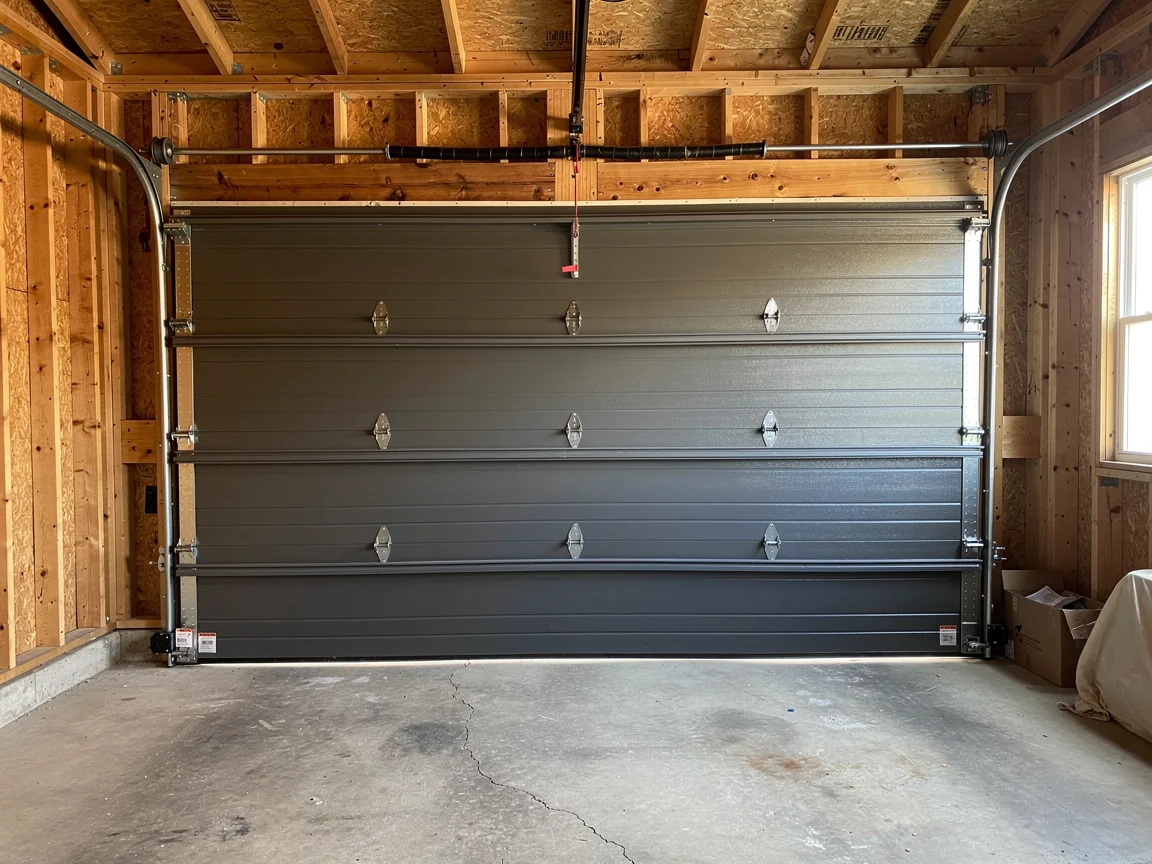A dark gray garage door is installed in a garage with exposed wood framing.