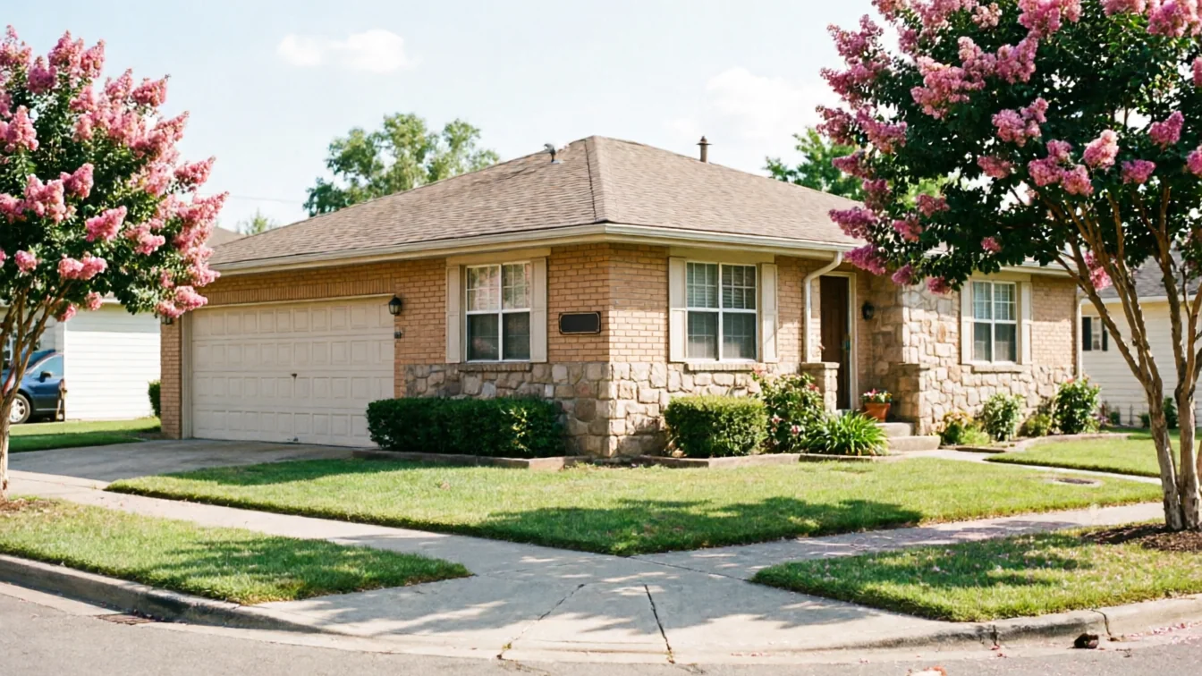 A house with a beige garage door, brick and stone siding, and pink flowering trees.